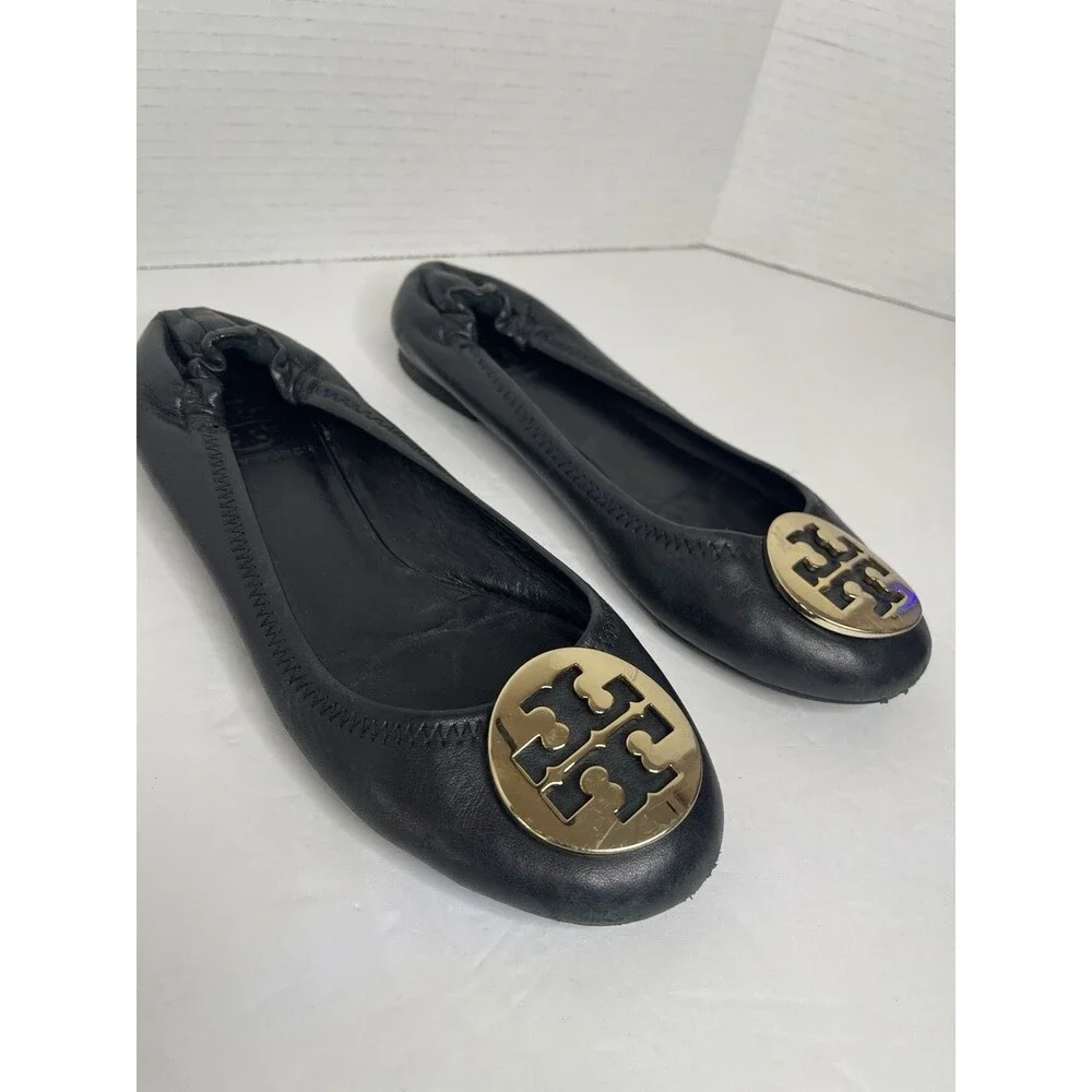 tory burch womens 6 black ballet flats Leather Gold Emblem Logo